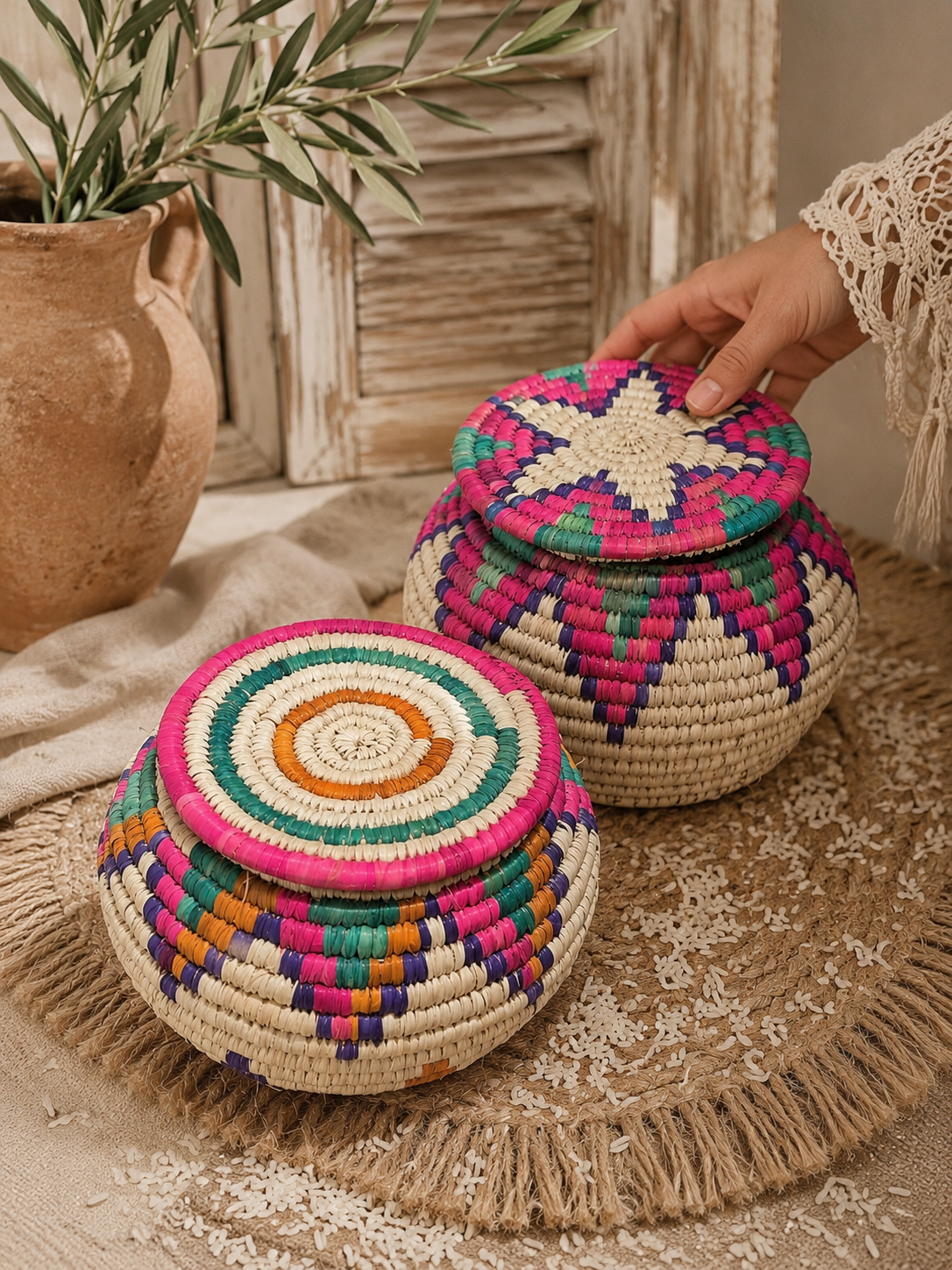 جای برنجی حصیربافی